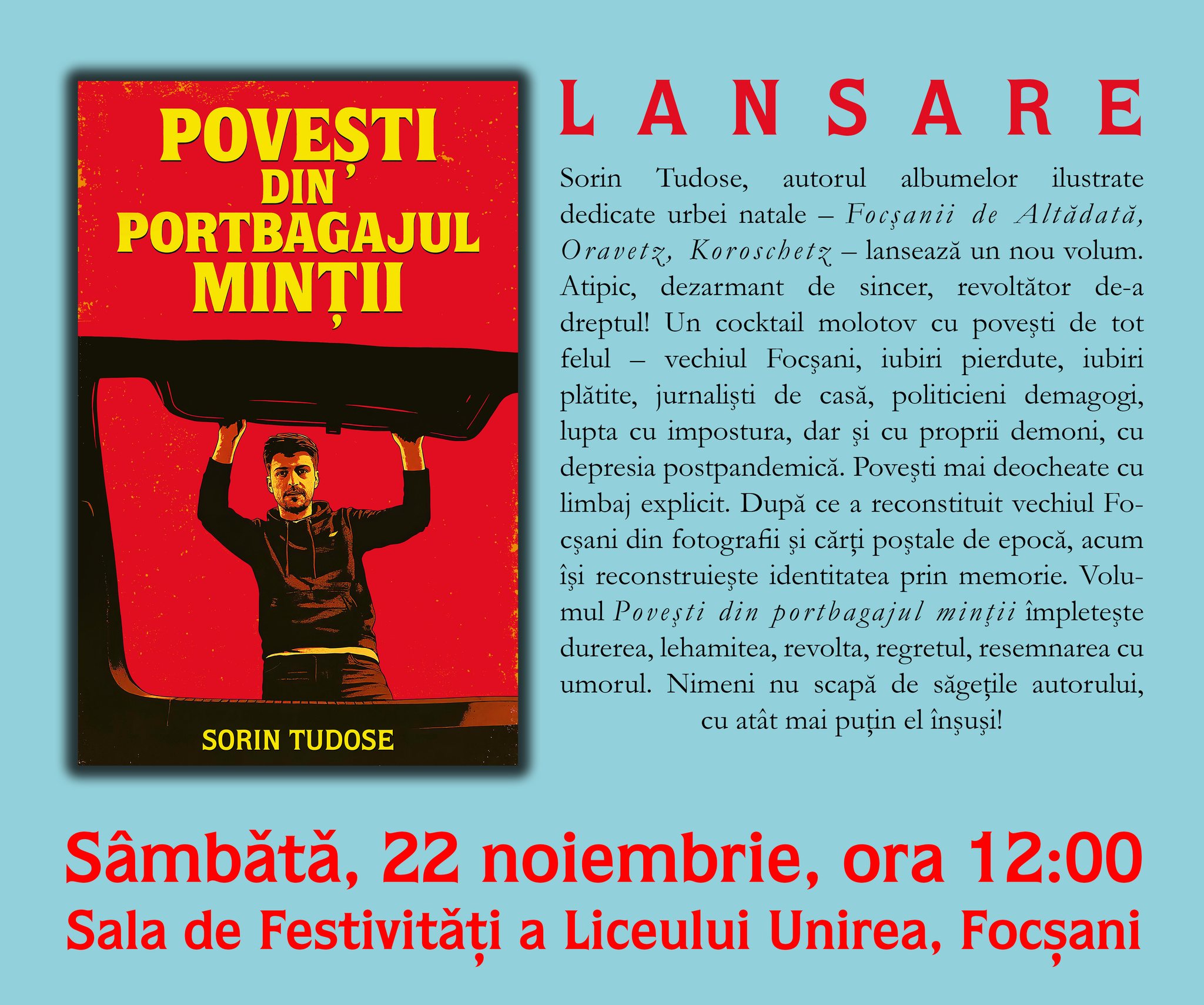 „Povești din portbagajul minții”, lansat pe 22 noiembrie 2025, la Colegiul Național „Unirea” din Focșani „Povești din portbagajul minții”, lansat pe 22 noiembrie 2025, la Colegiul Național „Unirea” din Focșani